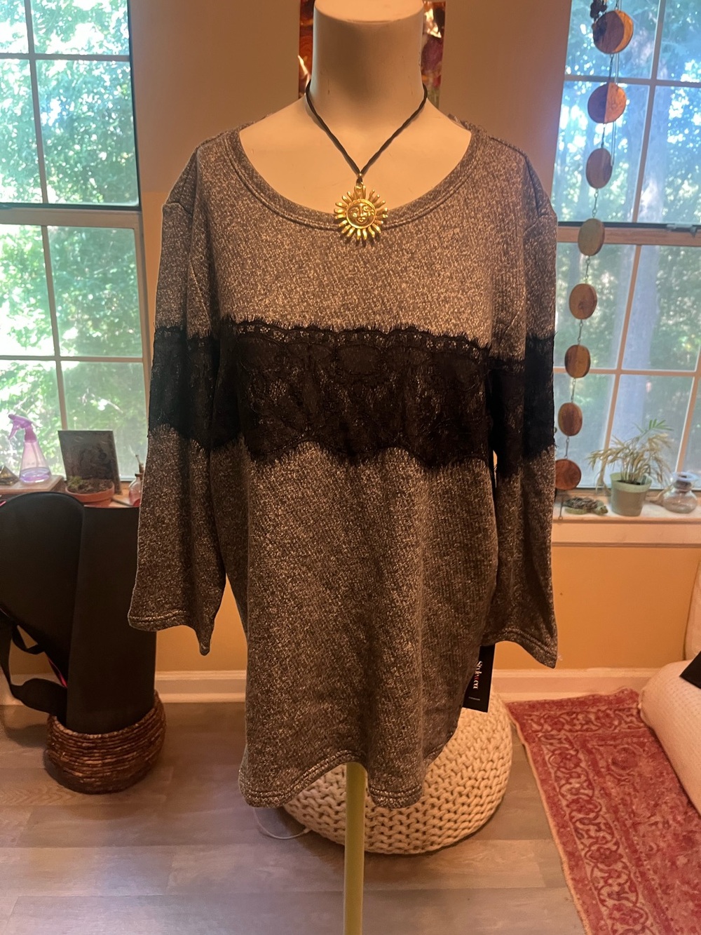 NWT Women's Gray Long Sleeve Top with Black Lace Trim Romantic